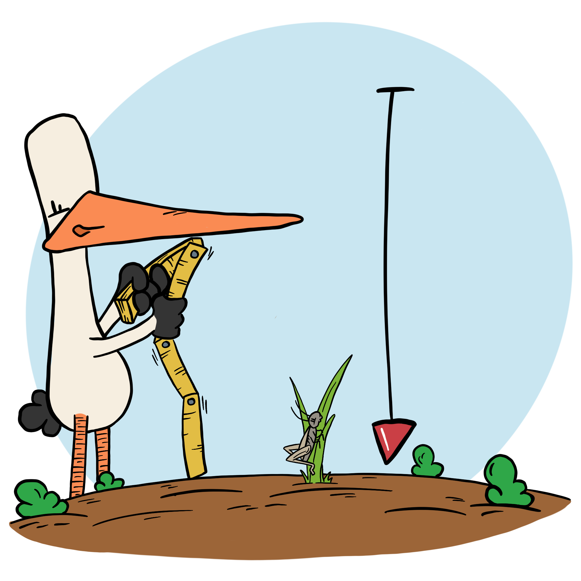 Storch mit einem Zollstock und Pfeil