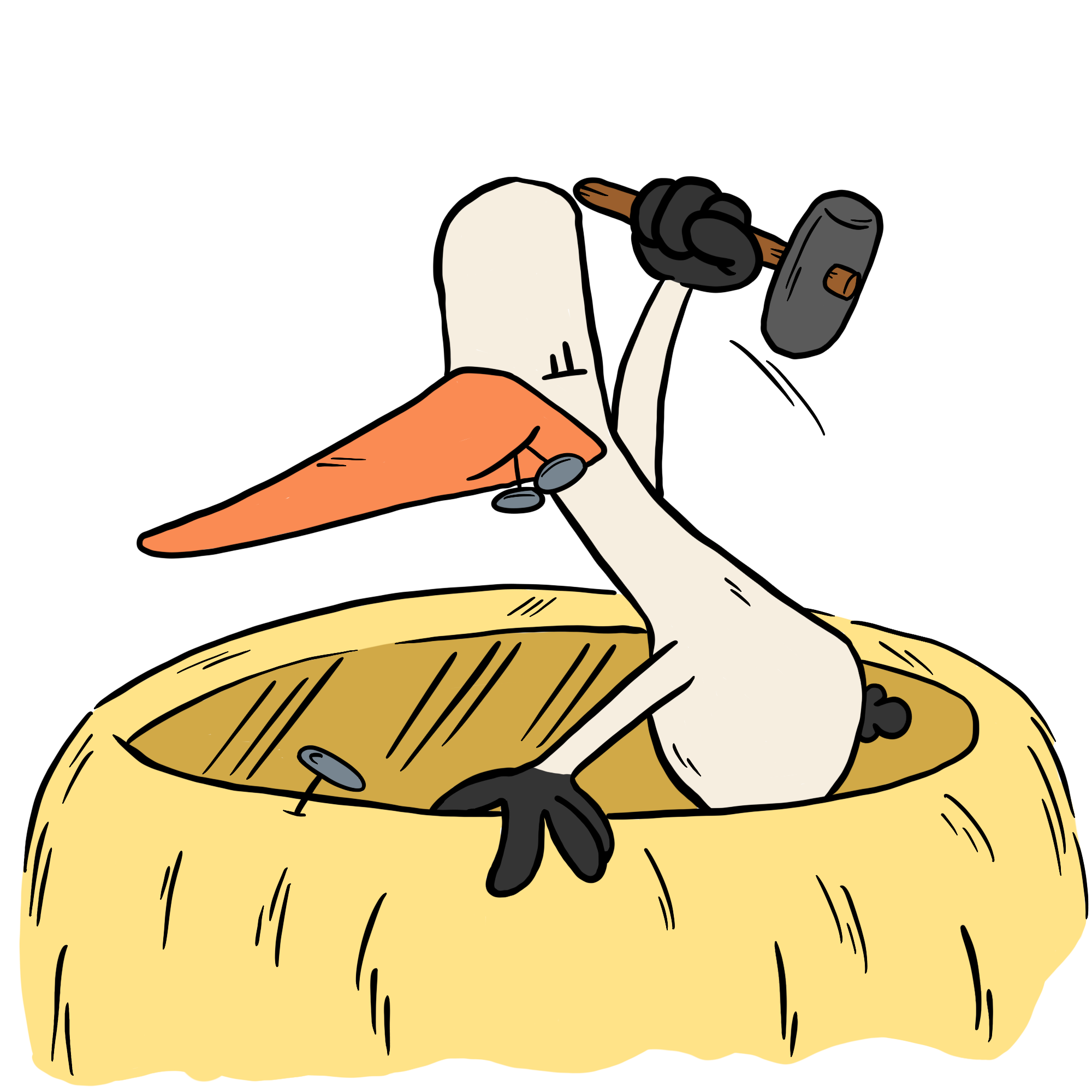 Storch der an seinem Nest baut mit Hammer und Nagel