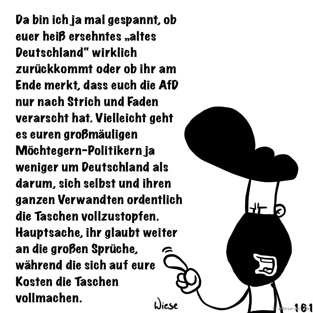 Cartoon: BARTMIN zeigt mit dem Finger auf den Betrachter. Text: Da bin ich ja mal gespannt, ob euer heiß ersehntes „altes Deutschland“ wirklich zurückkommt oder ob ihr am Ende merkt, dass euch die AfD nur nach Strich und Faden verarscht hat. Vielleicht geht es euren großmäuligen Möchtegern-Politikern ja weniger um Deutschland als darum, sich selbst und ihren ganzen Verwandten ordentlich die Taschen vollzustopfen. Hauptsache, ihr glaubt weiter an die großen Sprüche, während die sich auf eure Kosten die Taschen vollmachen.