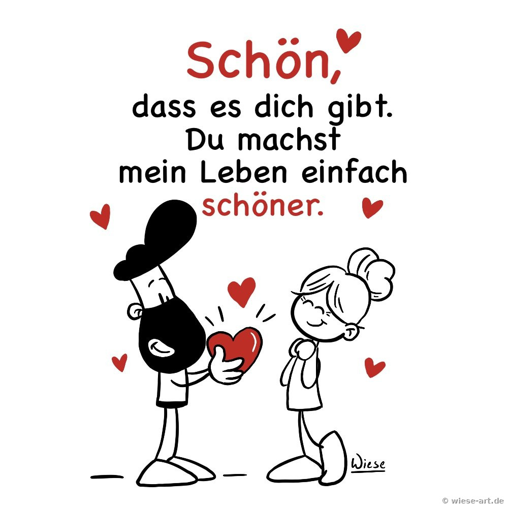 Cartoon: BARTMIN schenkt seiner Liebsten ein rotes Herz. Spruch: Schön, dass es dich gibt. Du machst mein Leben einfach schöner.