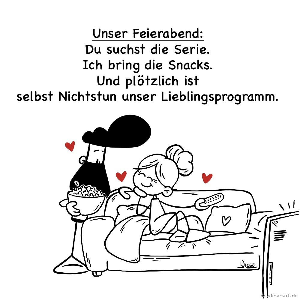 Cartoon: BARTMIN spült am Waschbecken, seine Liebste trocknet ab. Spruch: Du spülst. Ich trockne. Und plötzlich fühlt sich alles nach Zuhause an.