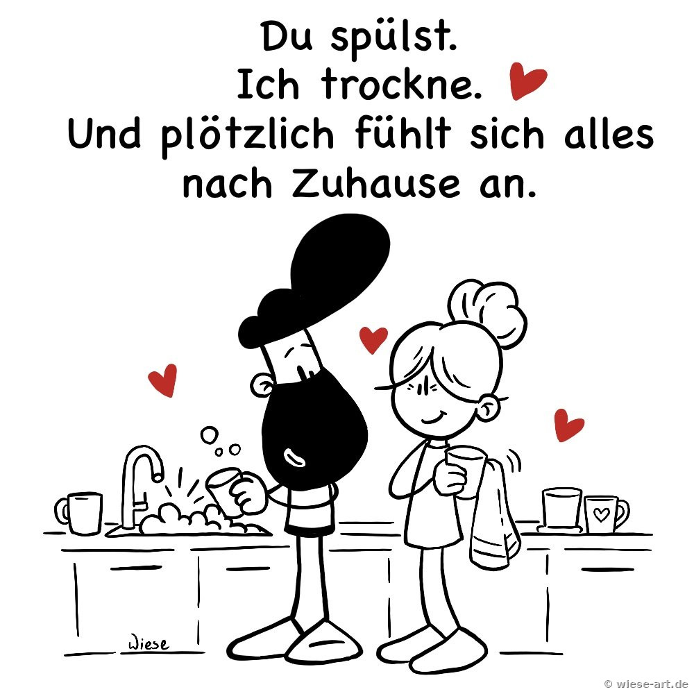 Cartoon: BARTMIN spült am Waschbecken, seine Liebste trocknet ab. Spruch: Du spülst. Ich trockne. Und plötzlich fühlt sich alles nach Zuhause an.