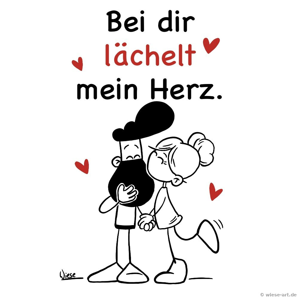 Cartoon: Die Liebste gibt BARTMIN einen Kuss auf die Wange, rundherum rote Herzen. Spruch: Bei dir lächelt mein Herz.