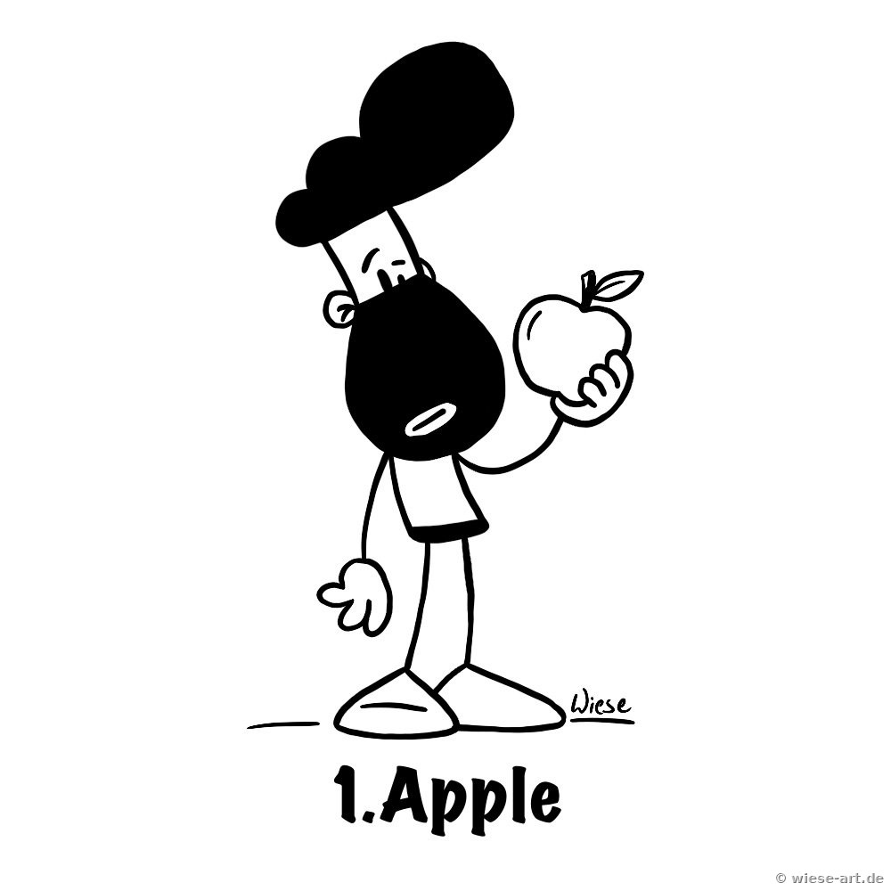Cartoon: BARTMIN mit großem schwarzem Bart hält lächelnd einen Apfel in der Hand