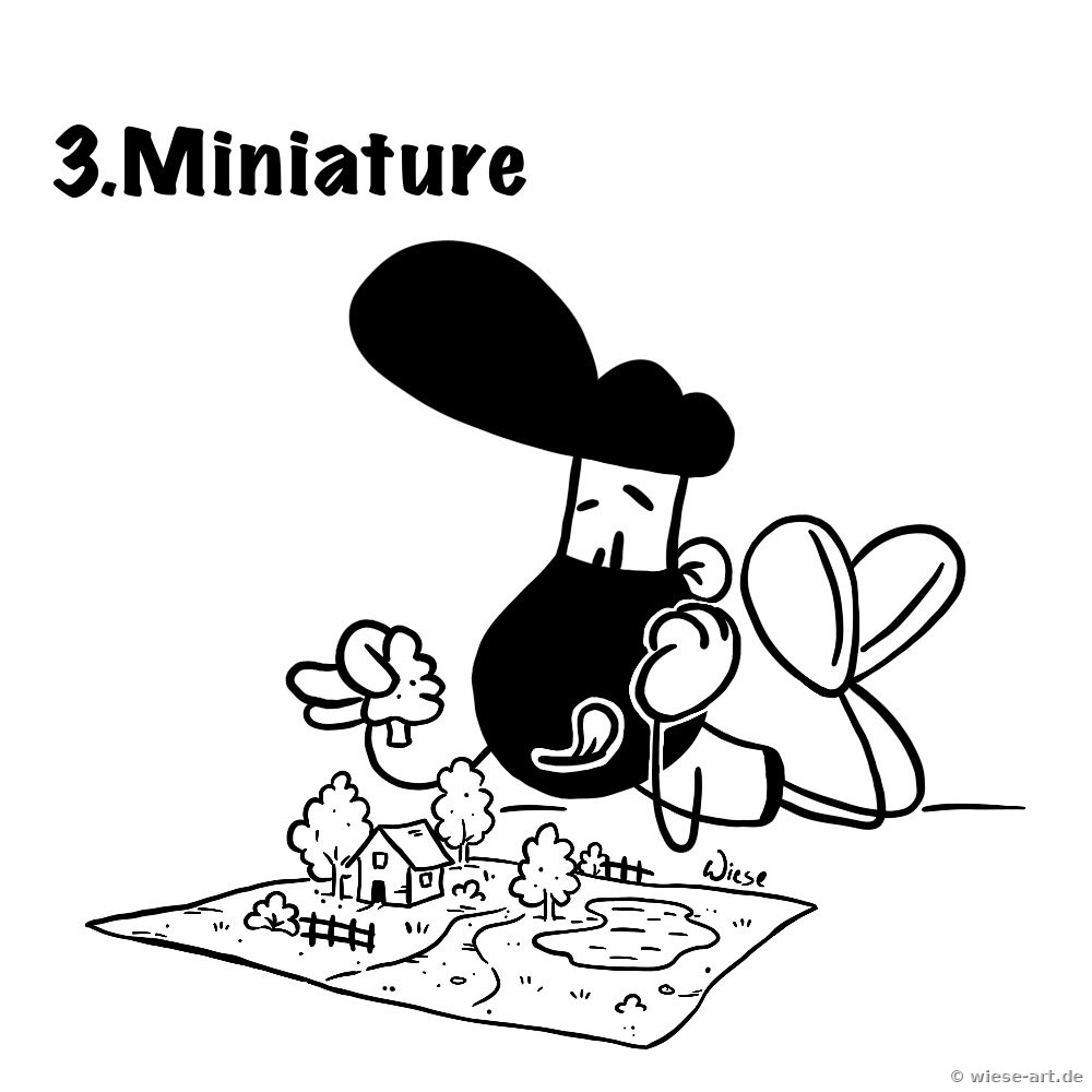 Cartoon: BARTMIN liegt auf dem Bauch und schaut neugierig auf eine winzige Miniaturlandschaft mit Häusern