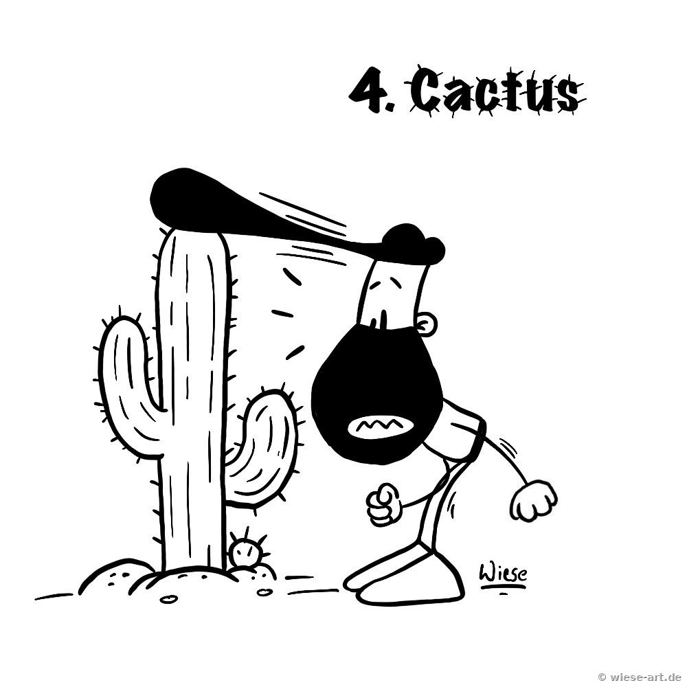 Cartoon: BARTMIN lehnt mit gequältem Gesicht an einem großen Kaktus in der Wüste