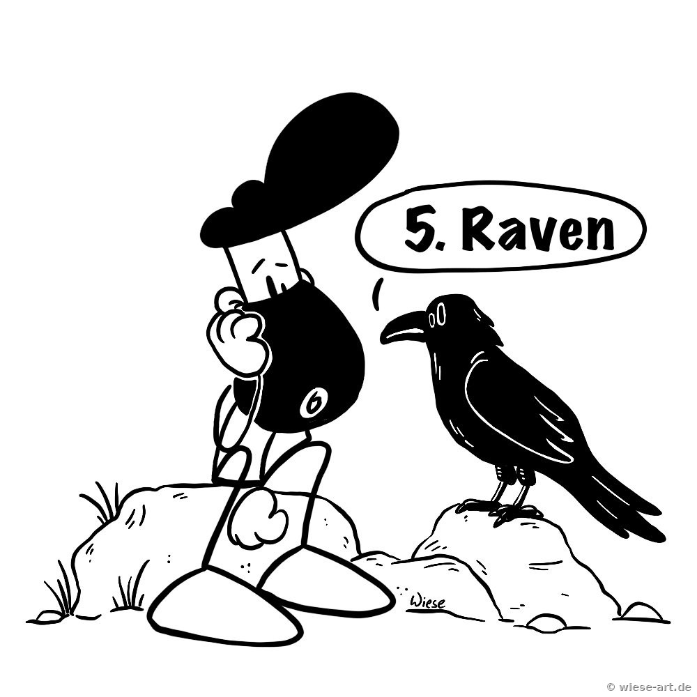 Cartoon: BARTMIN sitzt auf einem Felsen neben einem schwarzen Raben mit Sprechblase