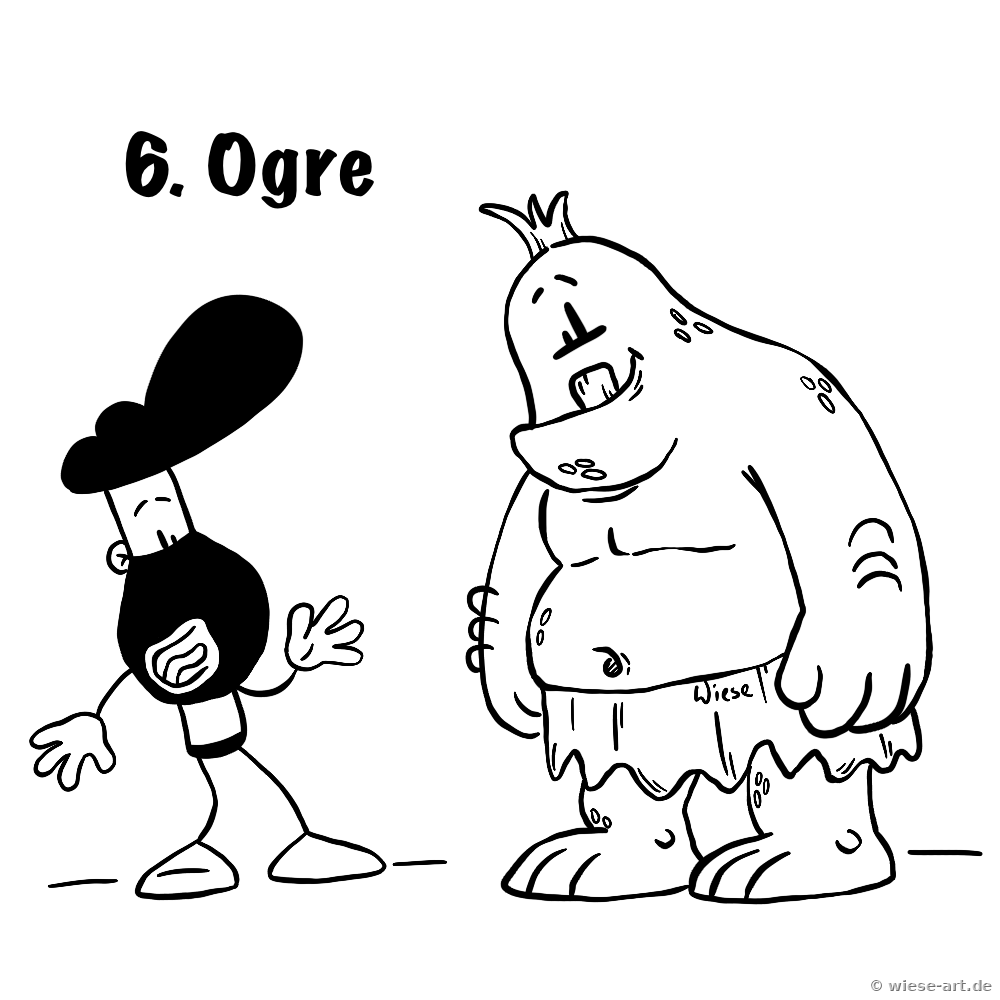 Cartoon: kleiner BARTMIN steht neben einem großen, zotteligen Oger mit Krone und Fellschurz