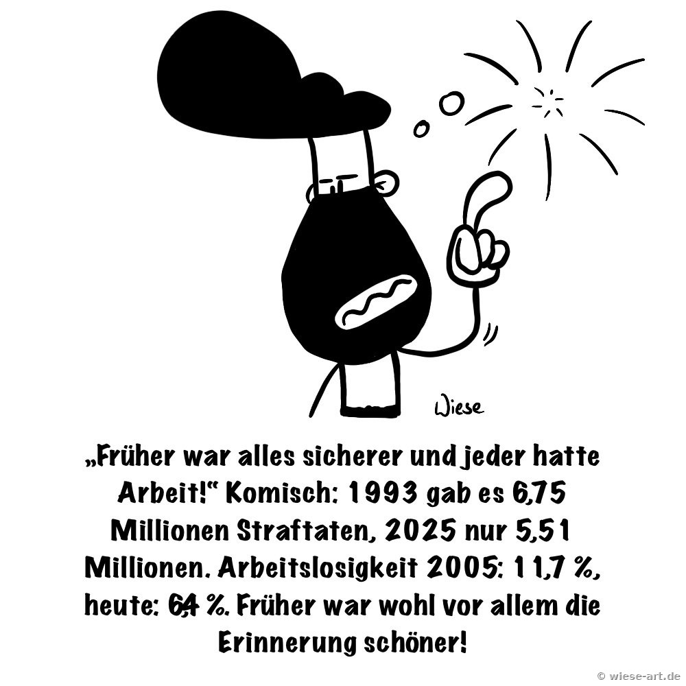 Cartoon: BARTMIN hebt nachdenklich den Finger. Text: „Früher war alles sicherer und jeder hatte Arbeit!“ Komisch: 1993 gab es 6,75 Millionen Straftaten, 2025 nur 5,51 Millionen. Arbeitslosigkeit 2005: 11,7 %, heute: 6,6 %. Früher war wohl vor allem die Erinnerung schöner!