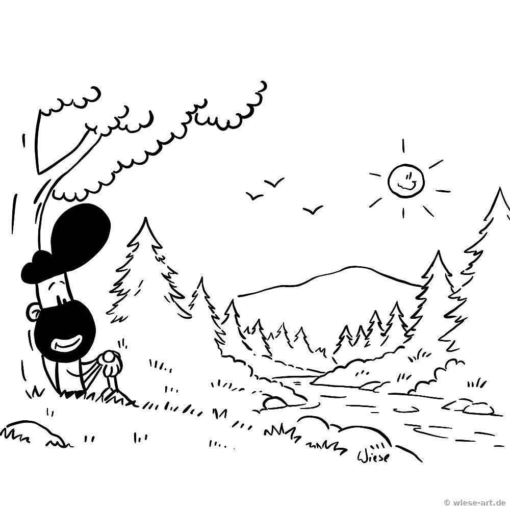 Cartoon: BARTMIN sitzt entspannt unter einem Baum vor einer Landschaft mit Tannen, Hügeln und Sonne