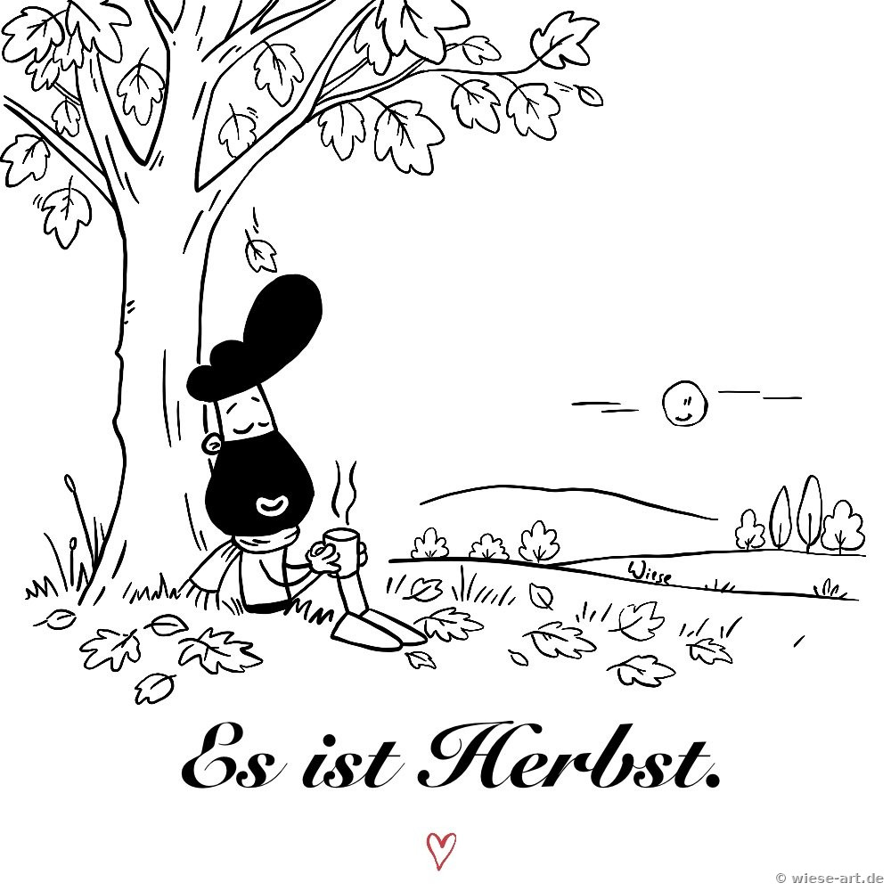 Cartoon: BARTMIN sitzt unter einem Baum, um ihn herum fallen bunte Herbstblätter. Text: Es ist Herbst.