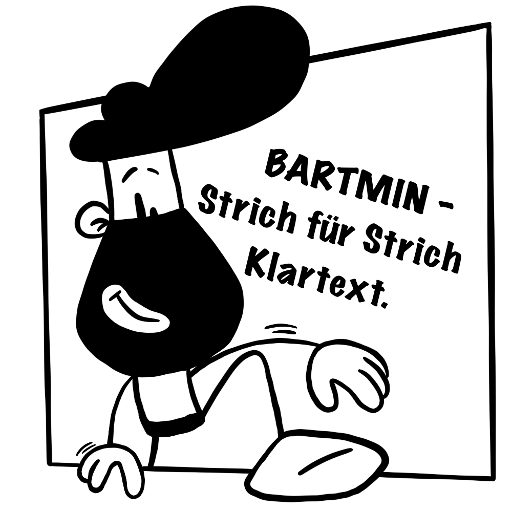 BARTMIN, Cartoonfigur mit großem schwarzem Bart