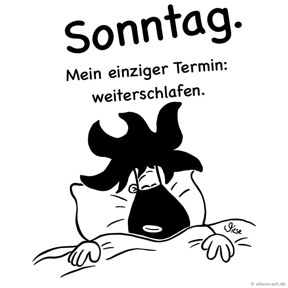 Cartoon: BARTMIN liegt mit zerzausten Haaren verschlafen im Bett. Text: Sonntag. Mein einziger Termin: weiterschlafen.