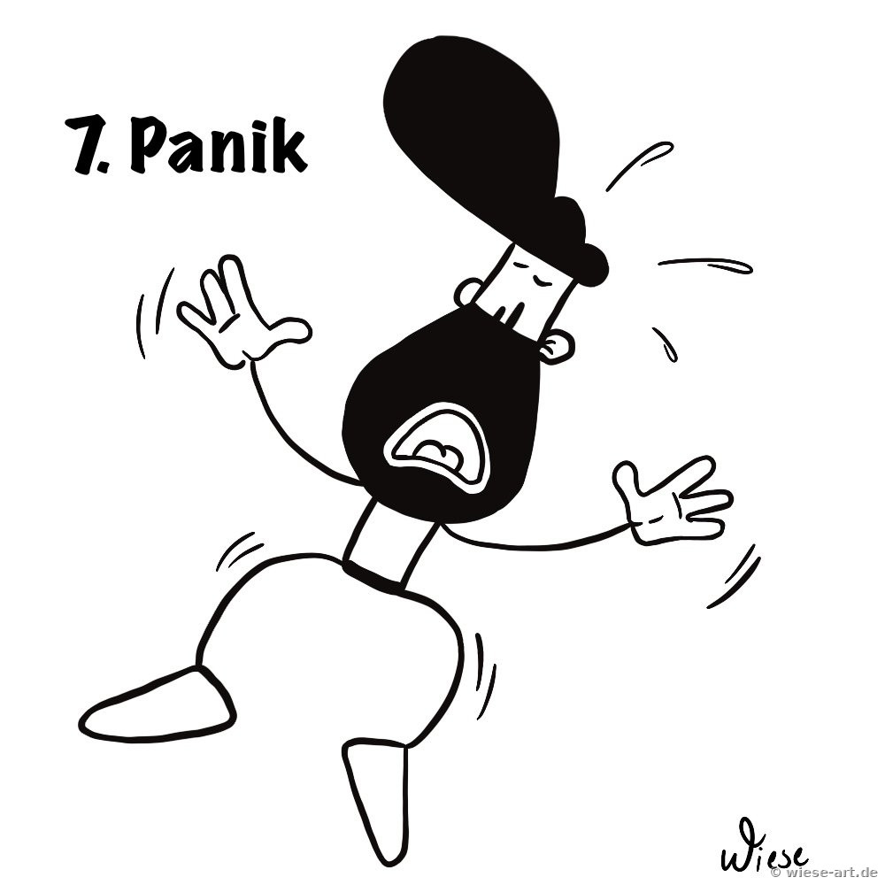 Cartoon: BARTMIN rennt mit weit aufgerissenem Mund und rudernden Armen in Panik davon