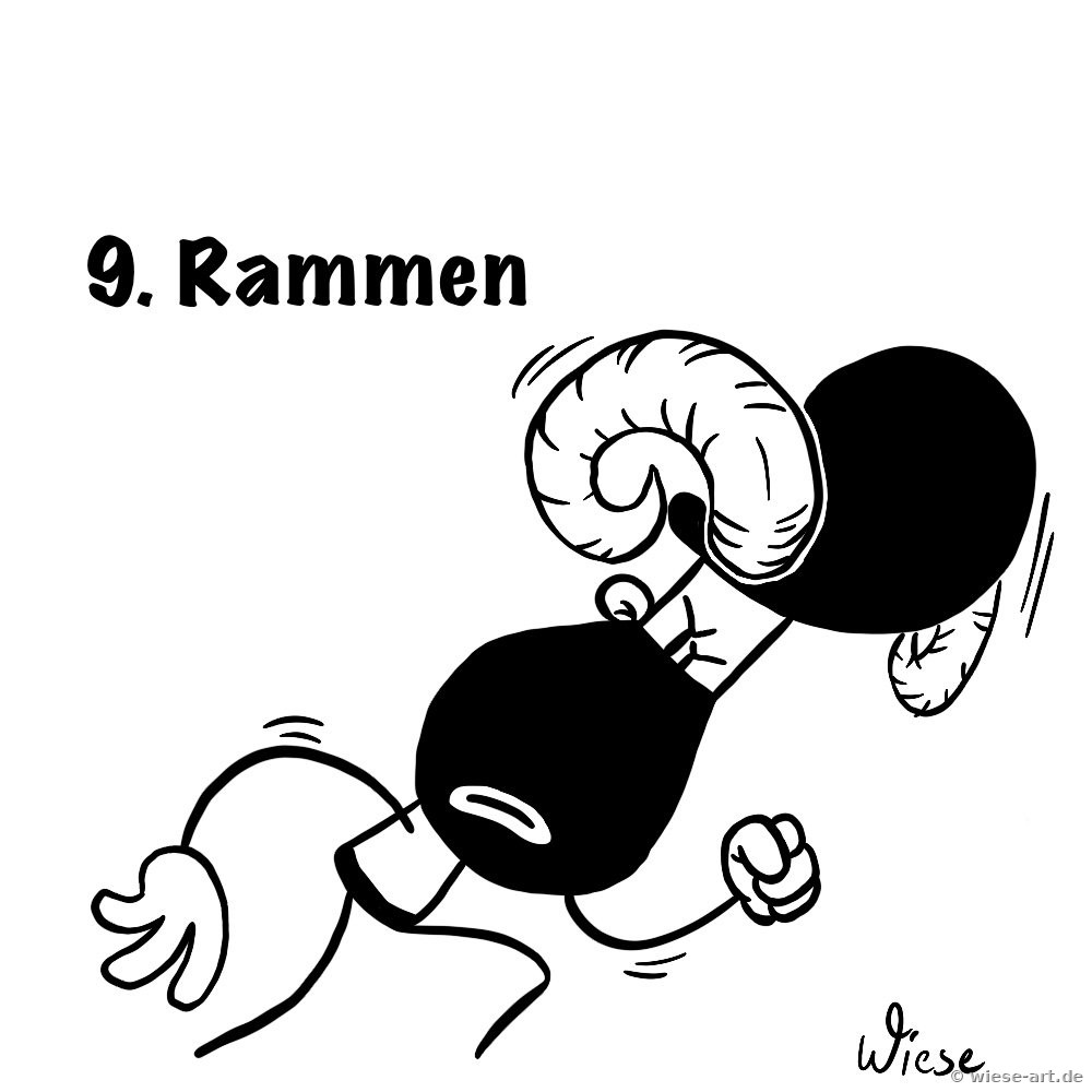 Cartoon: BARTMIN wird von einem Widder mit gebogenen Hörnern gerammt und stolpert
