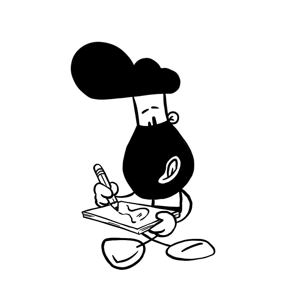 BARTMIN sitzt und zeichnet mit einem Stift auf einem Blatt Papier